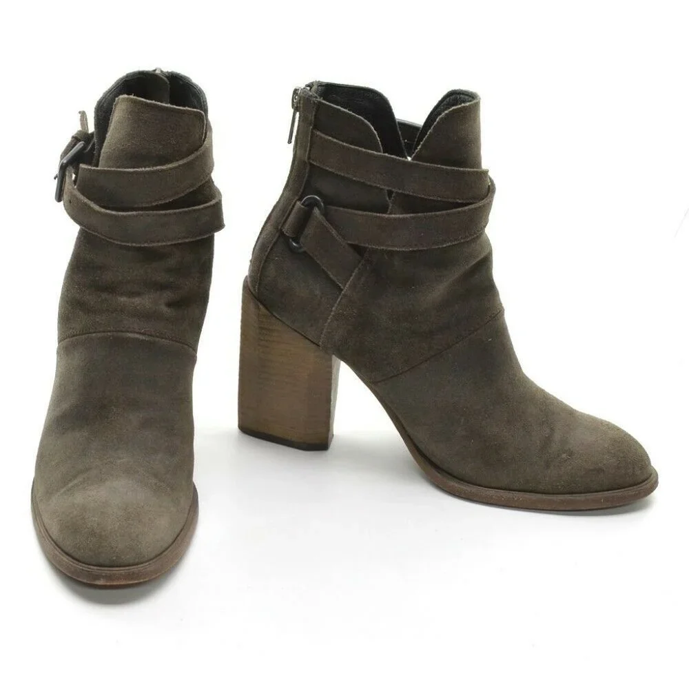 LD Tuttle Taupe Suede Cross Strap Buckle Bootie 38